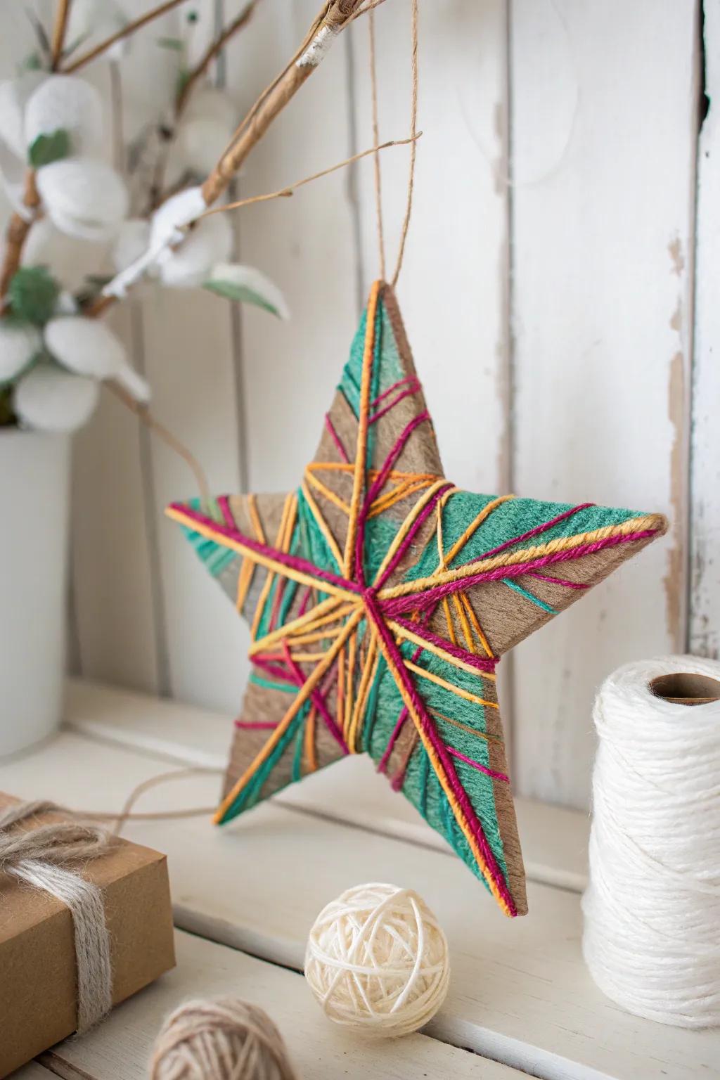 Craft a burst of color with these charming yarn-wrapped stars, the perfect touch of handmade beauty for your holiday decor.