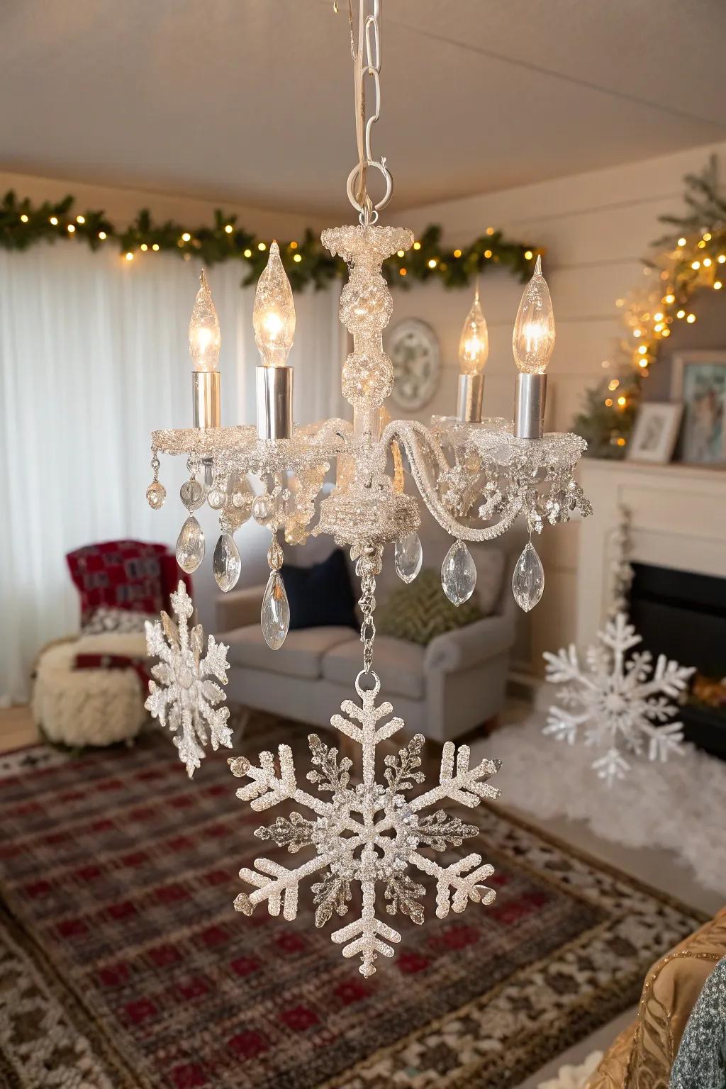 Snowflake ornaments add a wintery sparkle to any chandelier.
