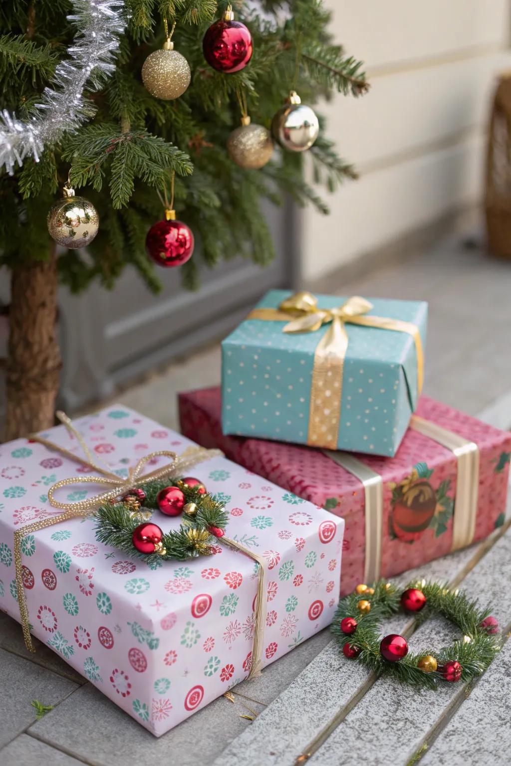 Gifts adorned with decorative wreaths and bells.