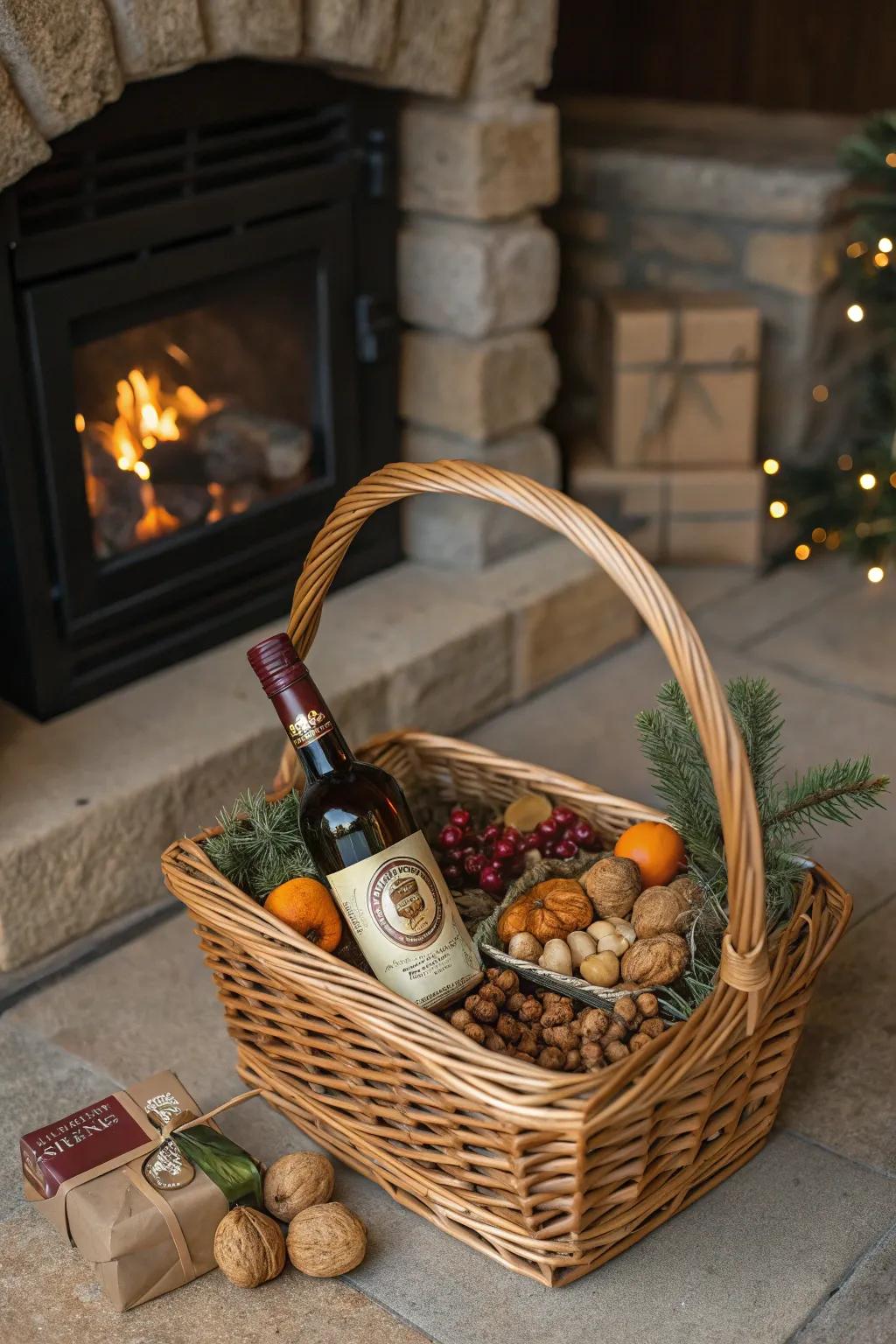 A brandy basket that invites you to relax by the fire.