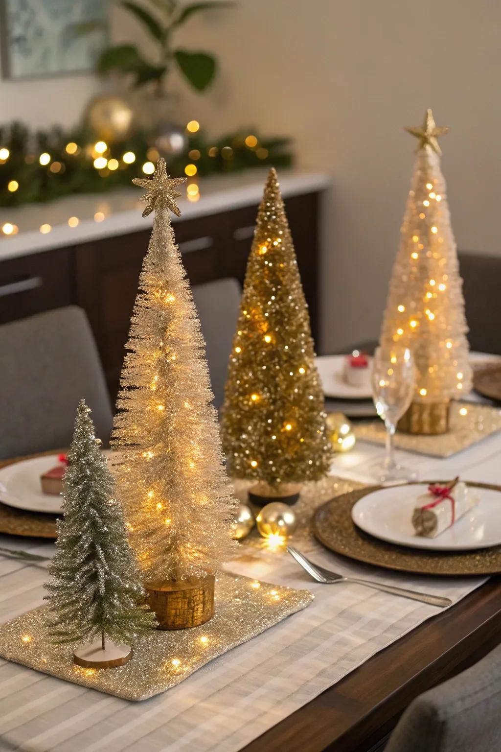 Tabletop tinsel trees bring festive flair to any space.