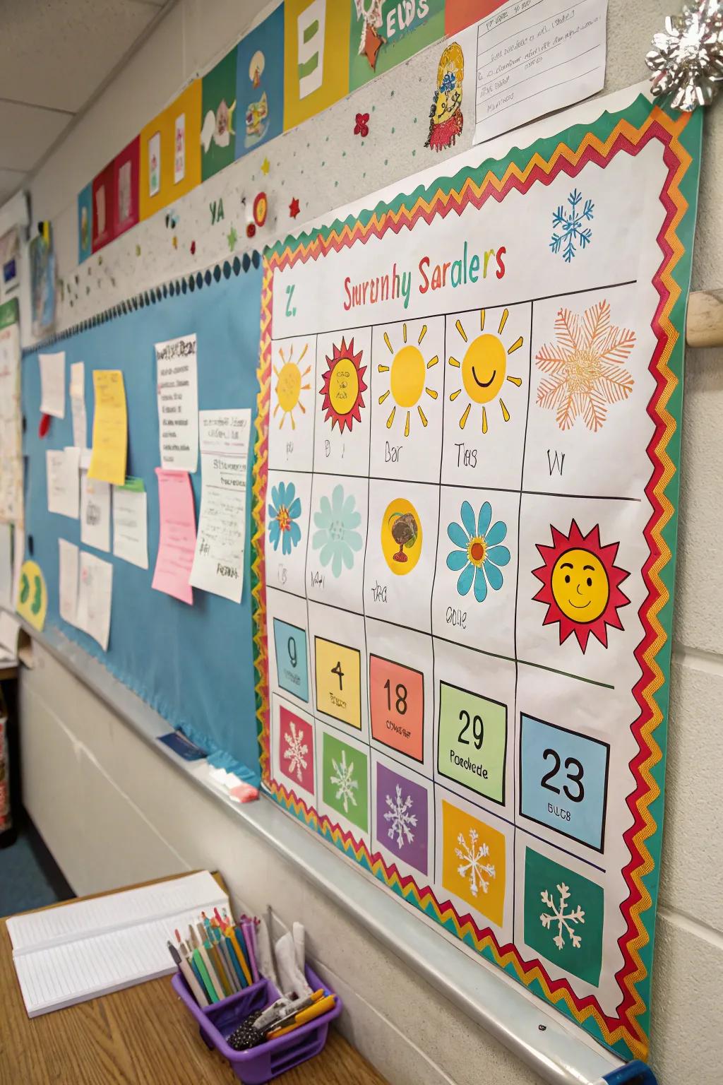 A calendar board adorned with fun icons and imagery for visual appeal.