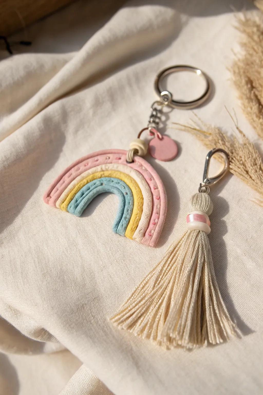 Brighten your day with this charming handcrafted rainbow keychain, a perfect blend of minimalist design and boho flair.