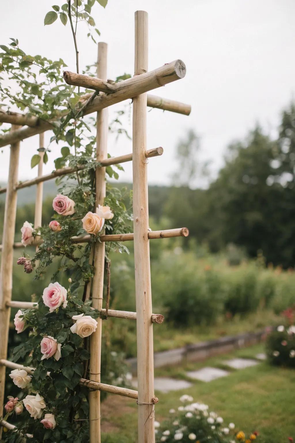 Embrace the Rustic Charm: Let your roses climb with elegance on a bamboo trellis.