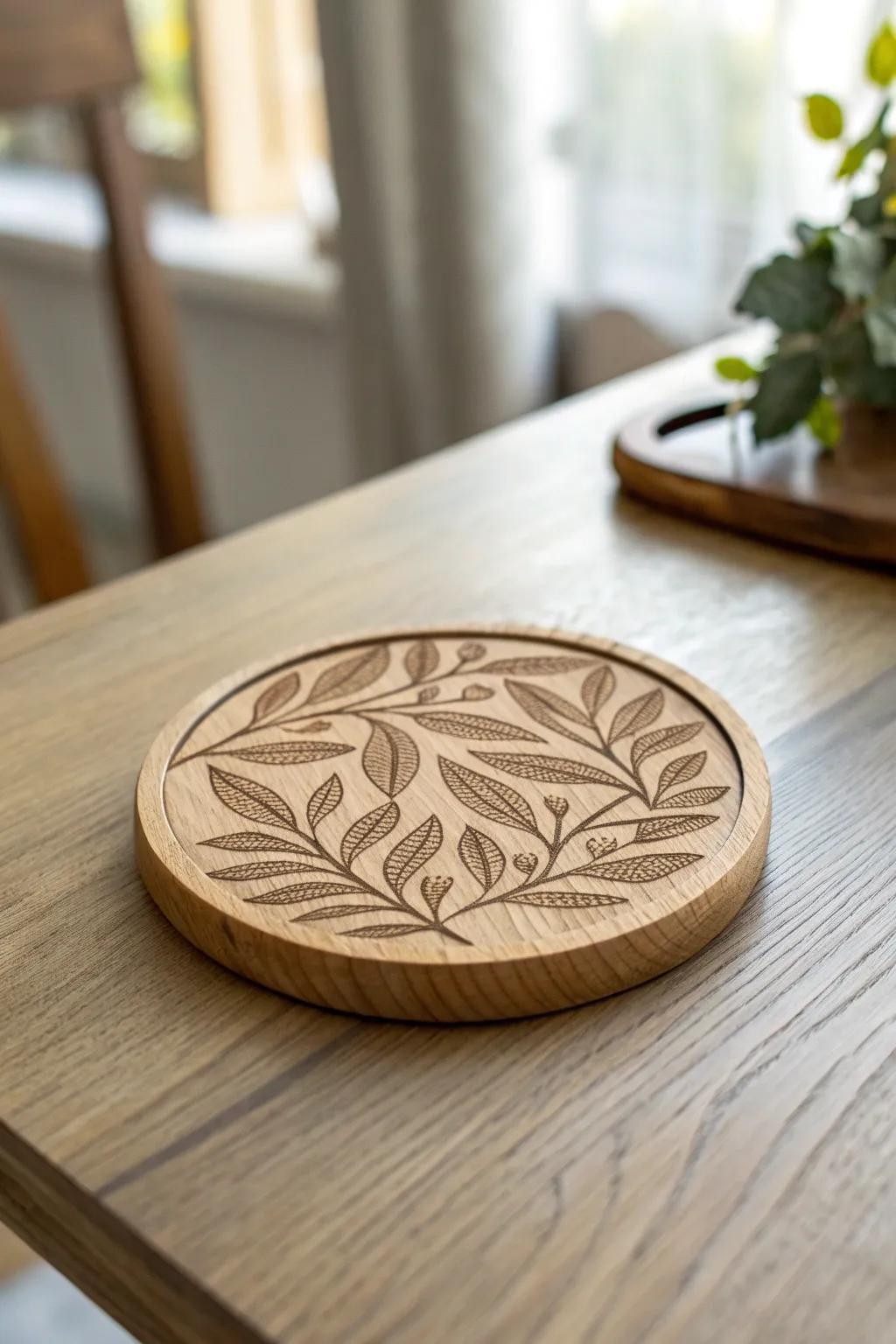 Embrace the beauty of nature with elegantly engraved leaf patterns on your coasters, perfect for a serene, minimalist setting.