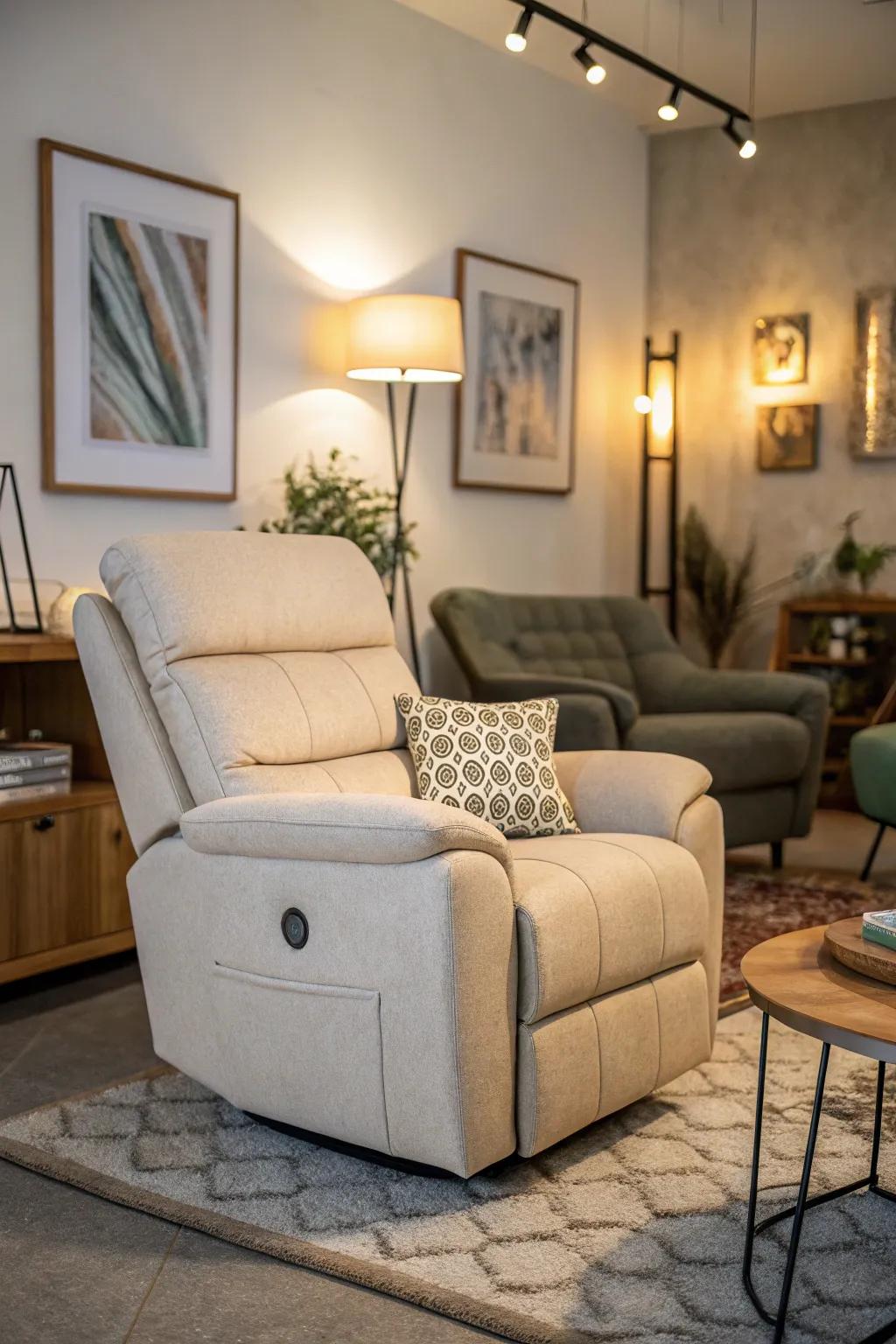 A compact recliner sofa ideal for relaxation in small spaces.