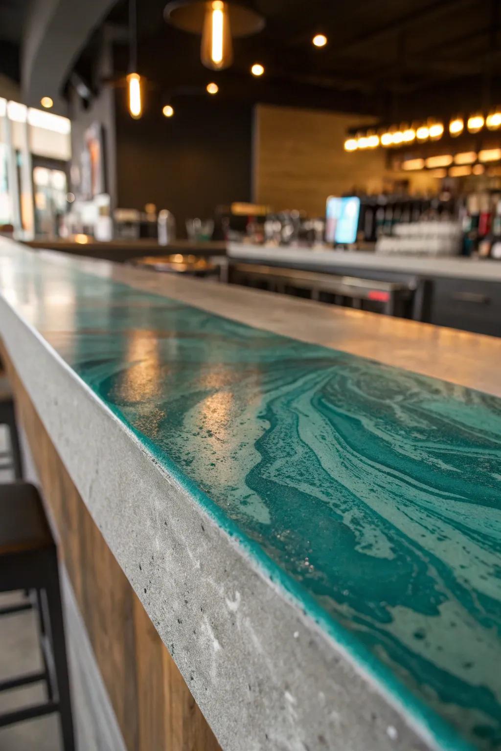Elevate your space with a bold teal accent in your concrete bar top. A statement of craftsmanship and style.