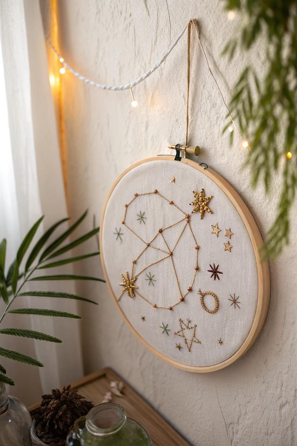 Craft your own galaxy: A minimalist constellation embroidery hoop to illuminate your space with celestial charm.