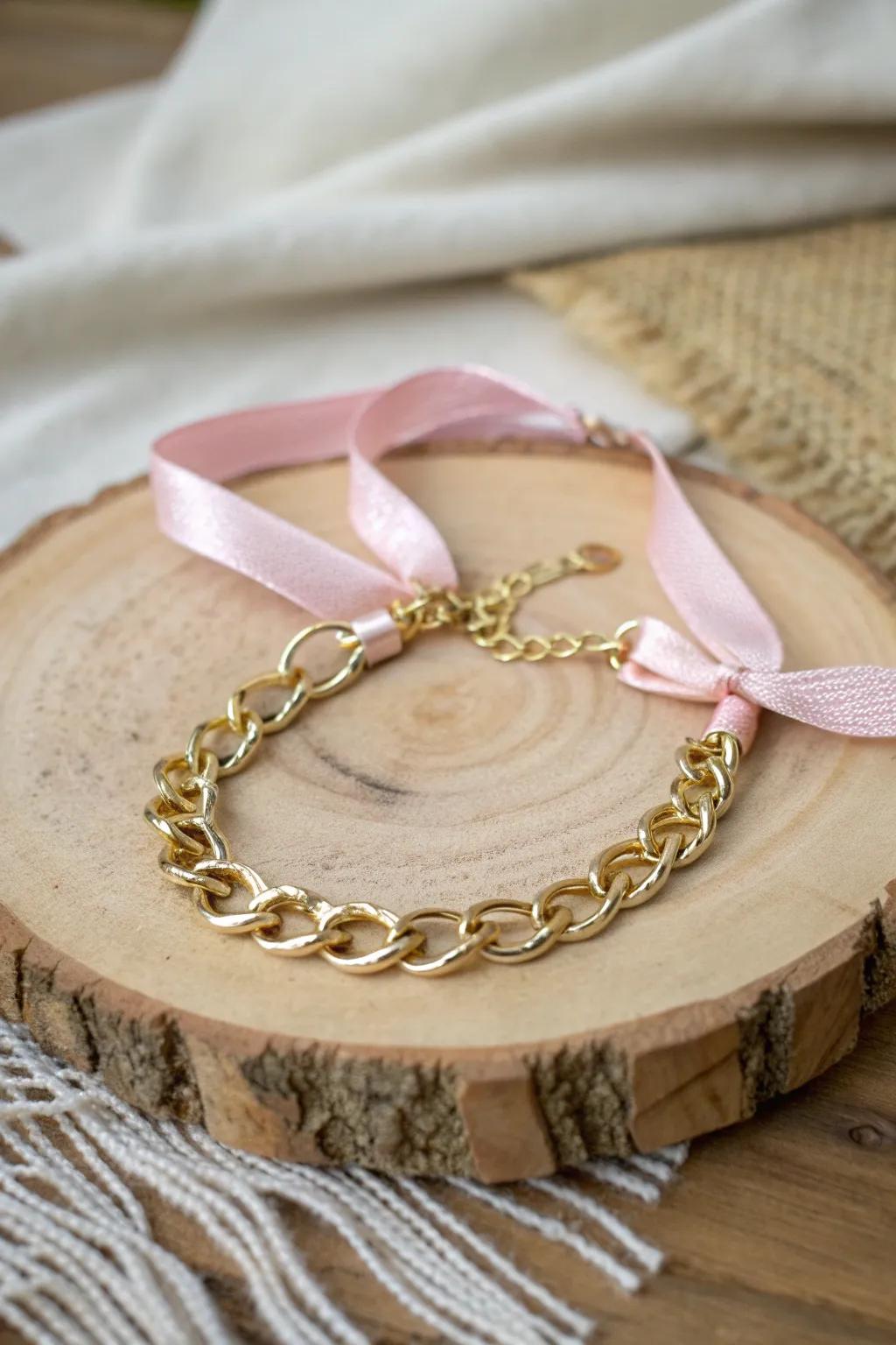 Embrace elegance with a touch of color: ribbon wrapped chain bracelet magic.