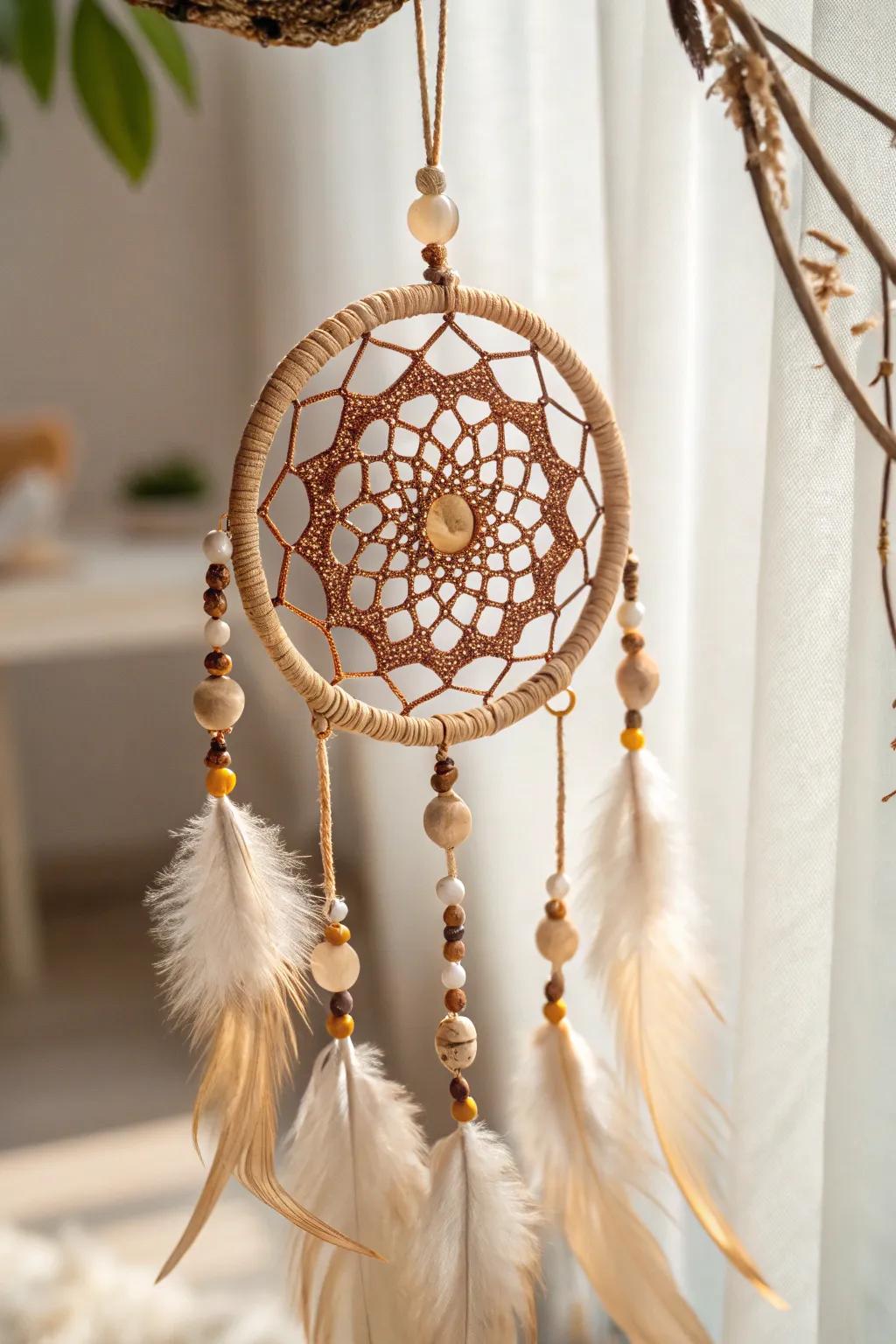 Capture the magic of simplicity with this enchanting beaded dreamcatcher.