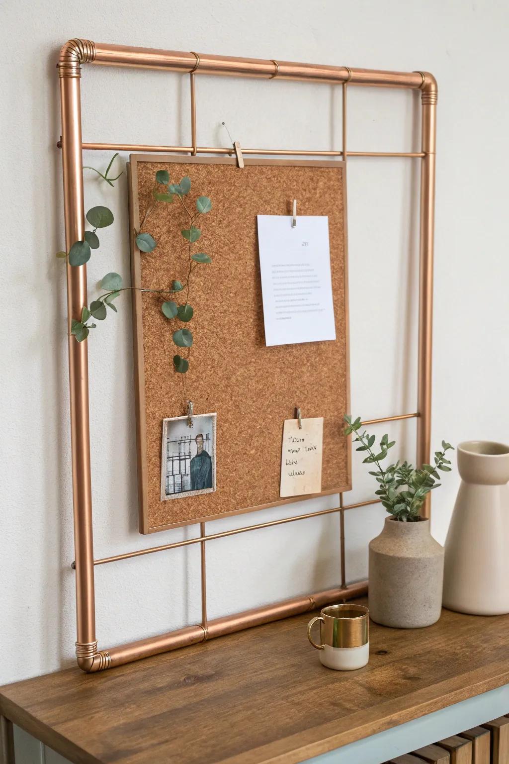 Elevate your workspace with a chic cork board framed in copper, blending minimalist and boho styles effortlessly.