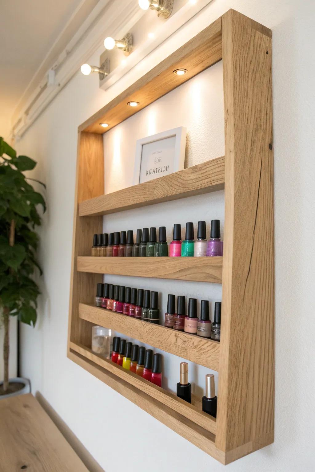 Transform your craft space with elegant nail polish shelves that highlight your paint collection's vibrant beauty!