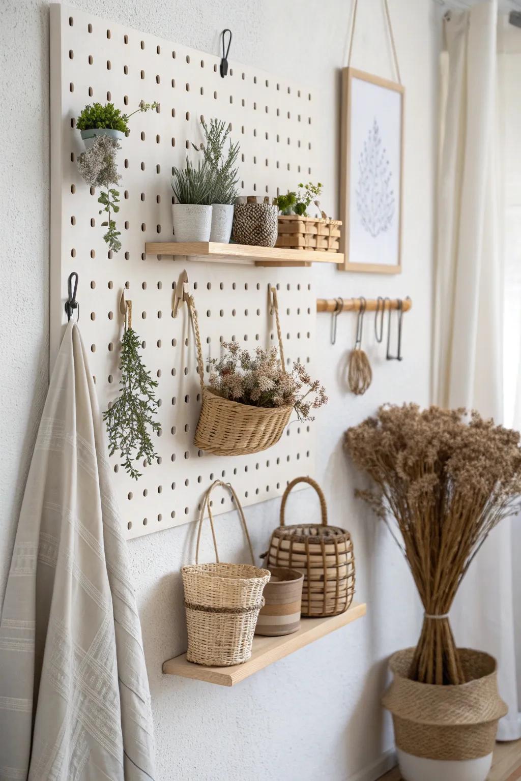 Transform your craft room with seasonal decor swaps on a chic pegboard for a fresh, inviting space all year round.