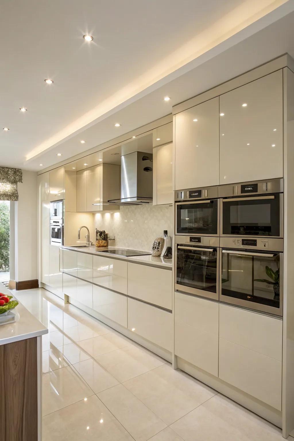 Integrated appliances maintaining a sleek and cohesive look in a cream gloss kitchen.