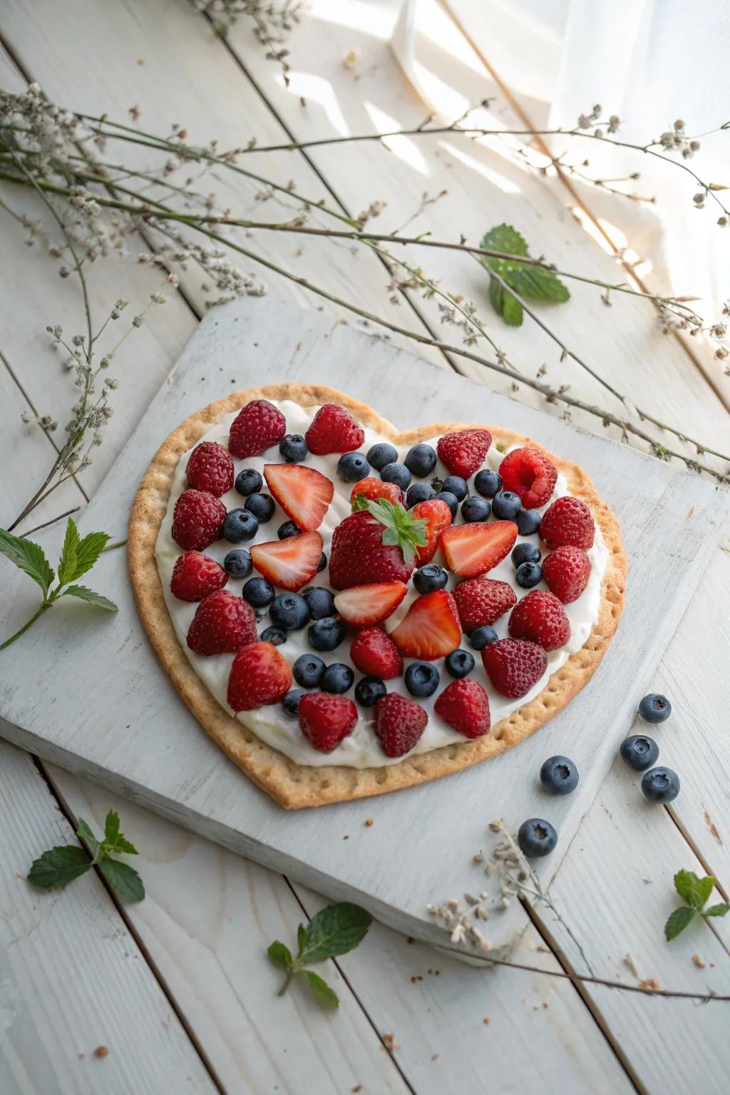 Craft love on a plate with this heart-shaped fruit pizza, perfect for any special occasion.