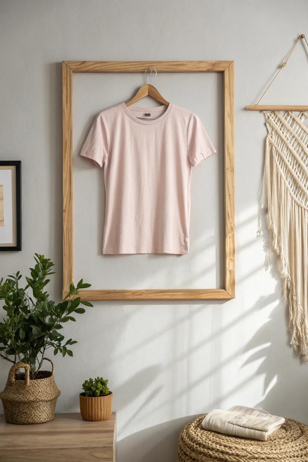 Transform your favorite t-shirt into a piece of art with a minimalist wall display that speaks volumes in simplicity and style.