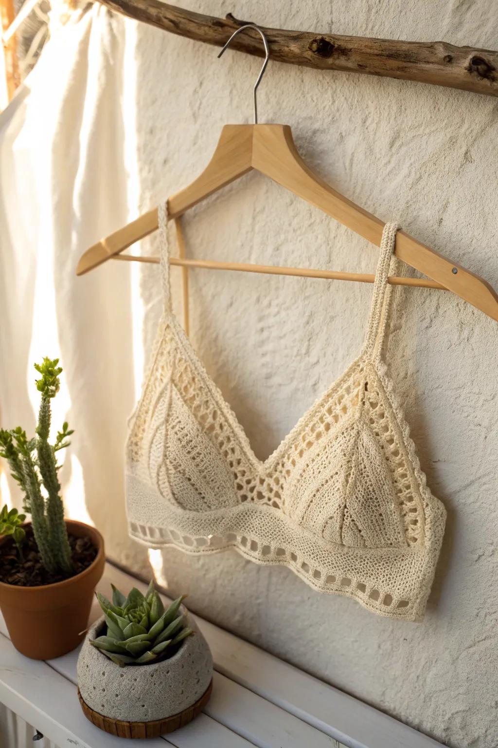 Embrace simplicity and style with this handmade crochet bralette – perfect for adding a touch of elegance to any outfit.