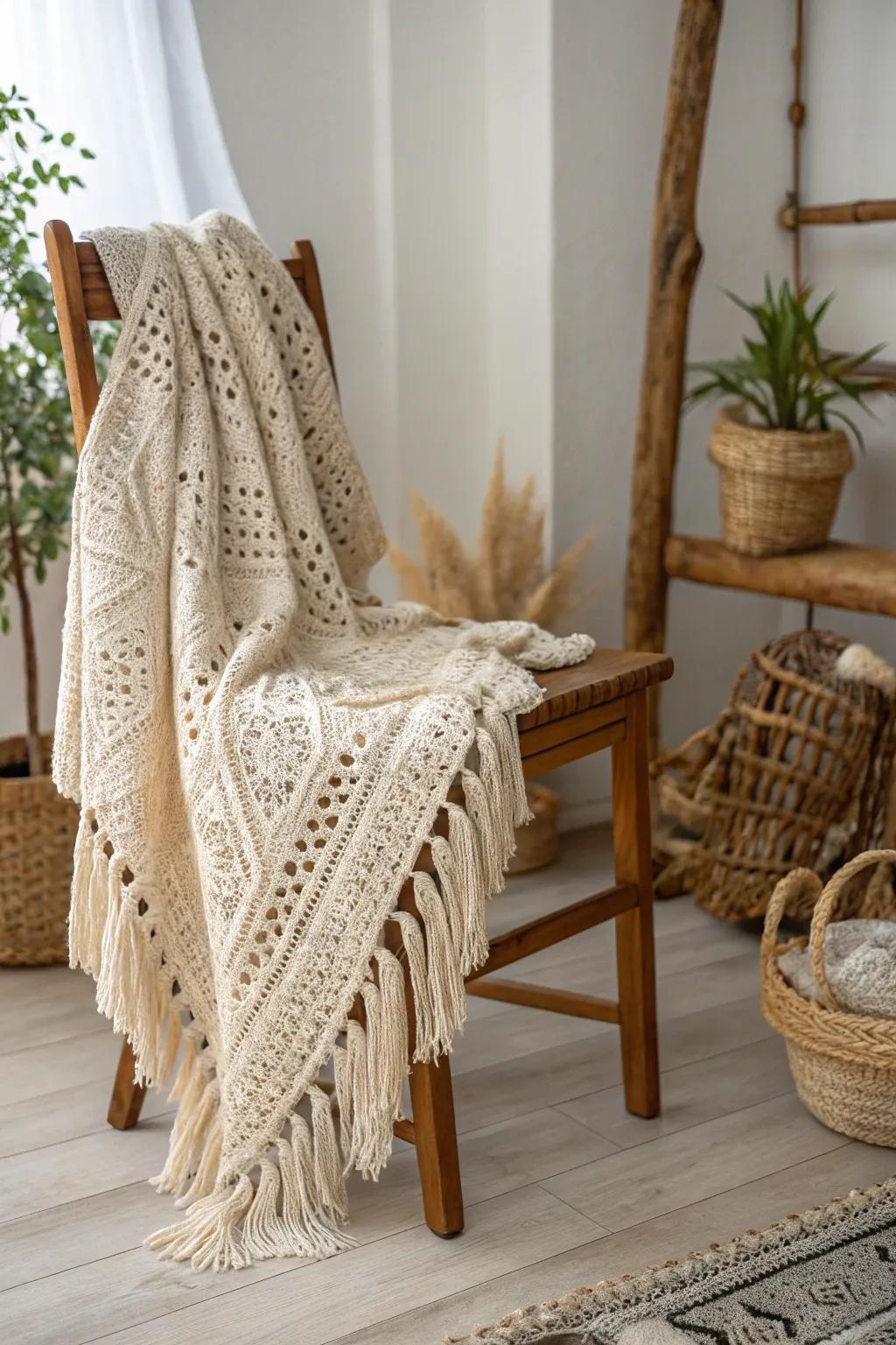 Wrap yourself in elegance with this handcrafted crocheted shawl, a perfect blend of style and warmth.