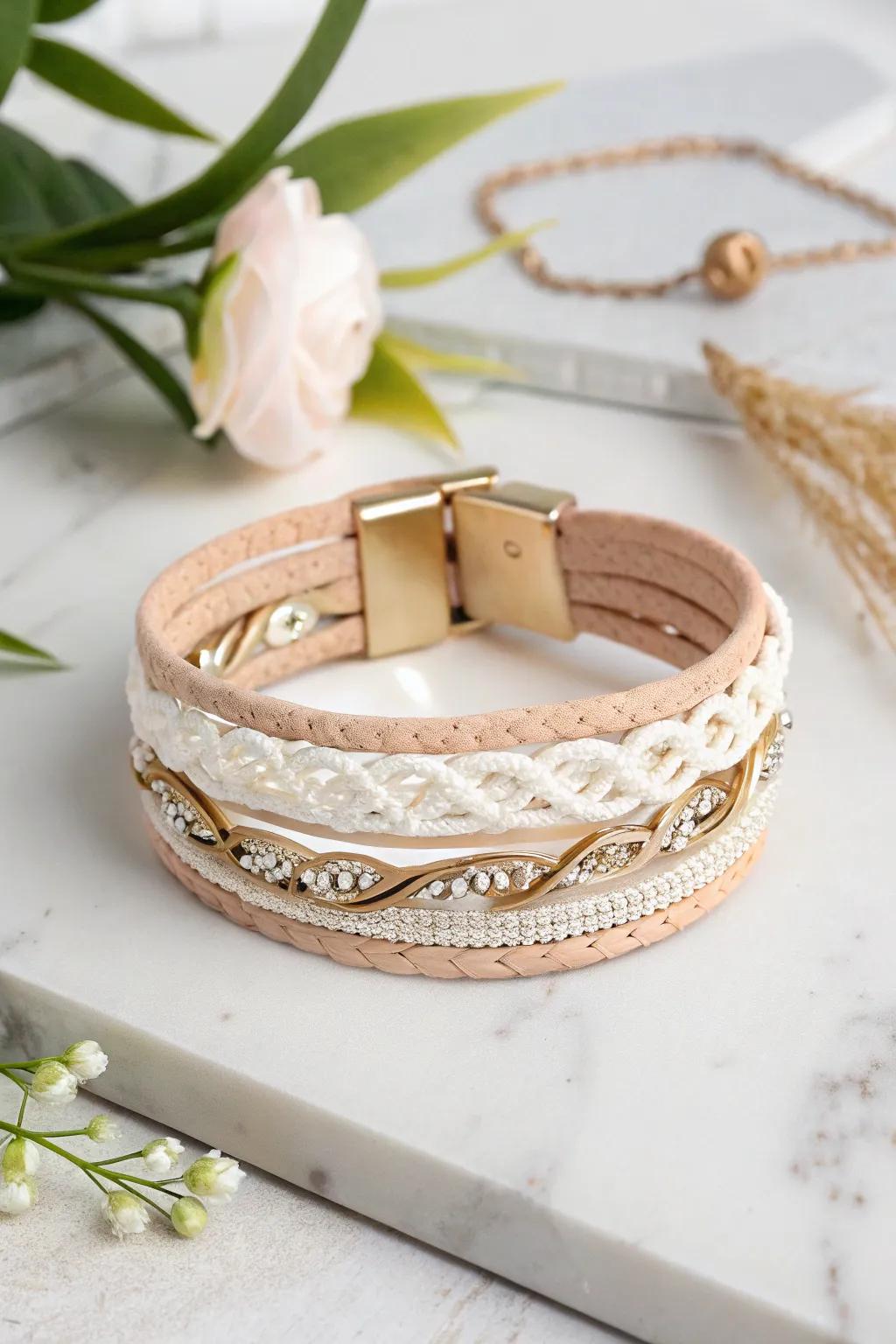 Elegance meets edge: Discover the charm of leather and lace in this stunning bracelet design.