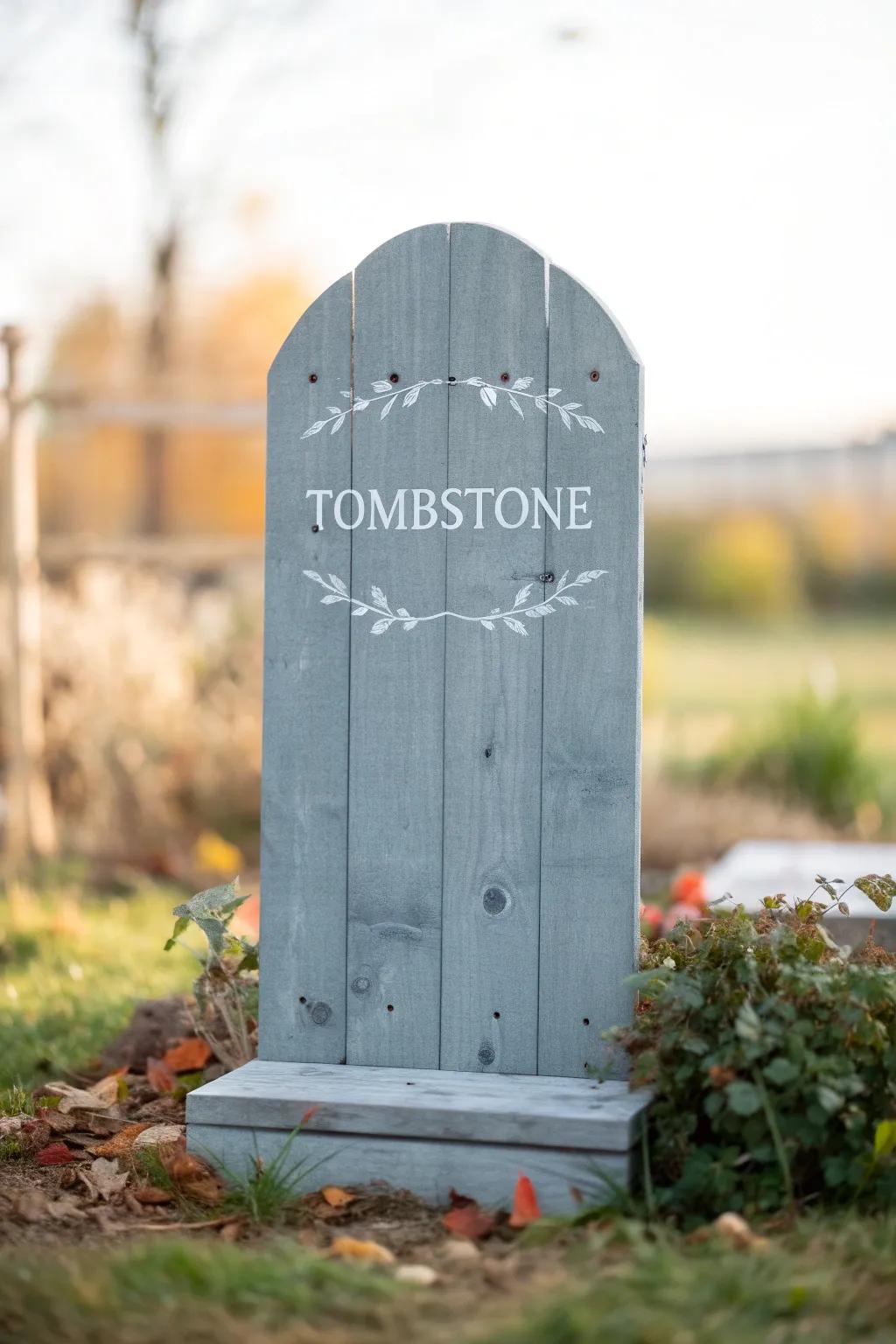 Create your own whimsical graveyard with handcrafted tombstone pallets for a charming Halloween touch!