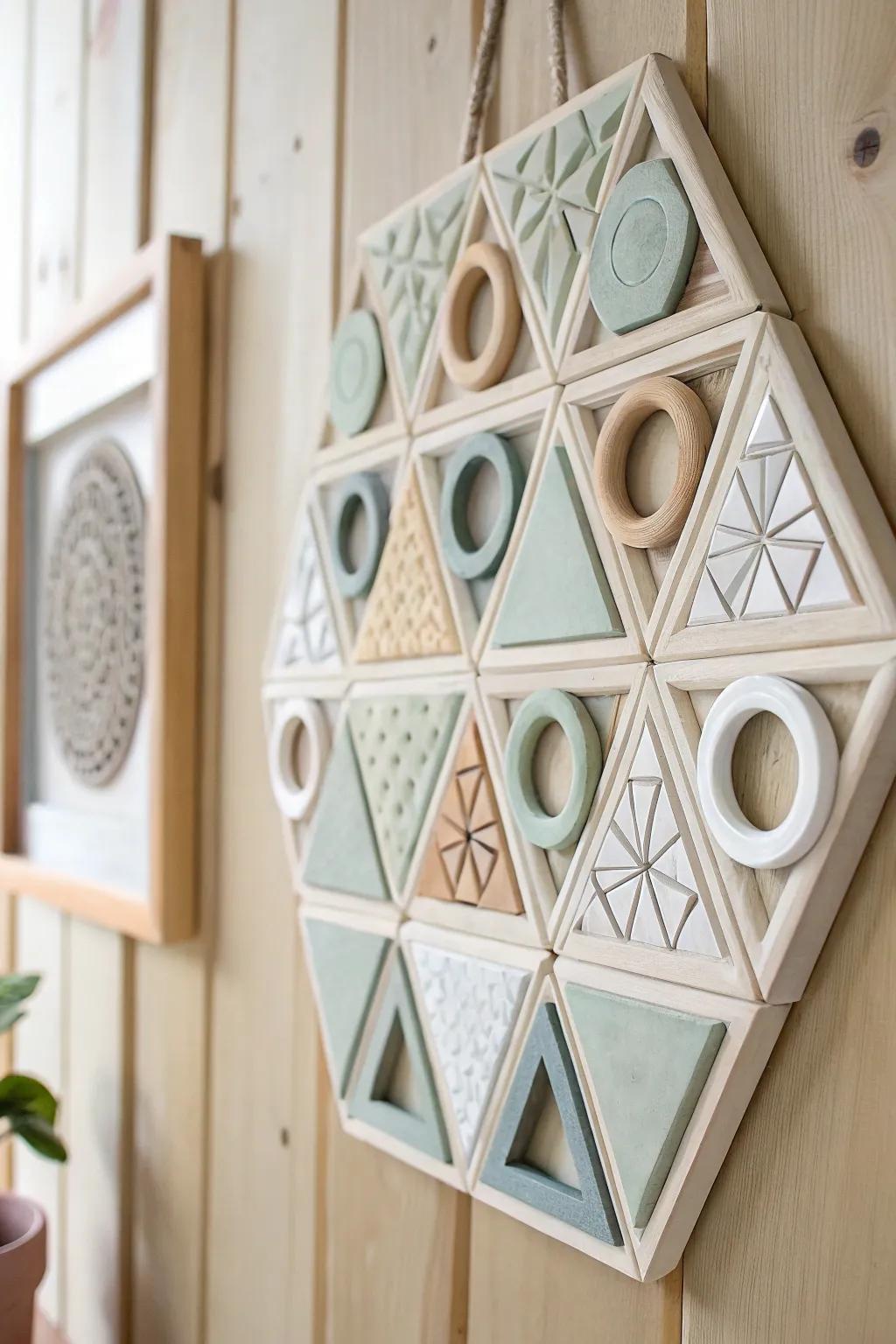 Elevate your space with this stunning geometric polymer clay wall art, where minimalist design meets boho charm.