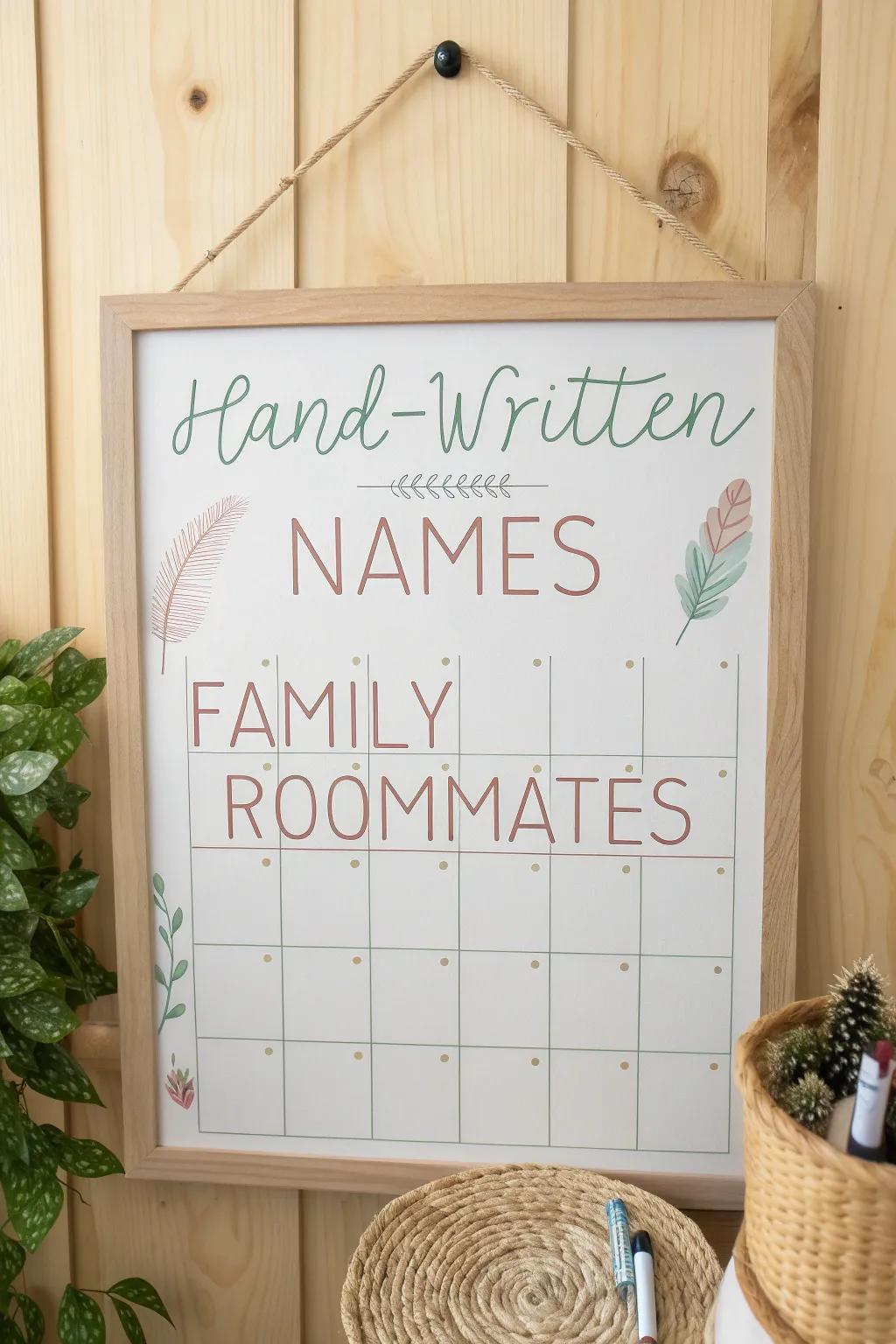 Personalize your space with a chic whiteboard calendar, where names become the heart of your home.