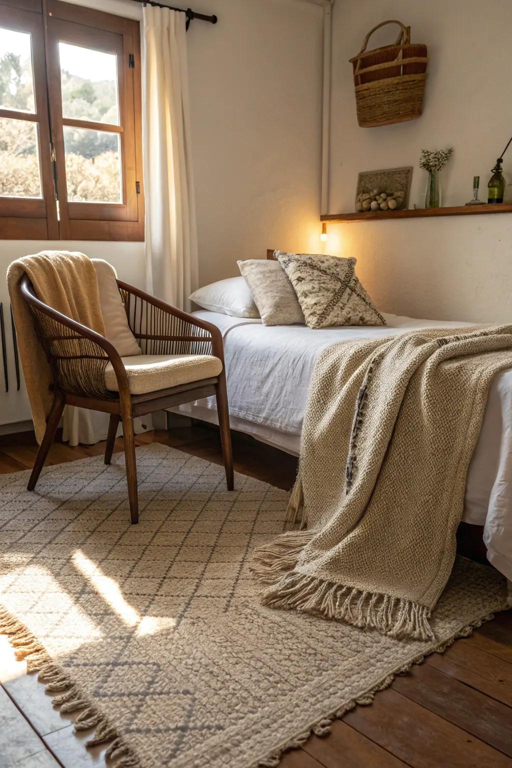 Cozy textiles create a warm atmosphere in a small bedroom.