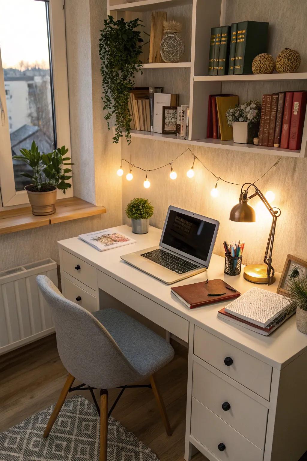 A corner desk setup that maximizes space and adds coziness.
