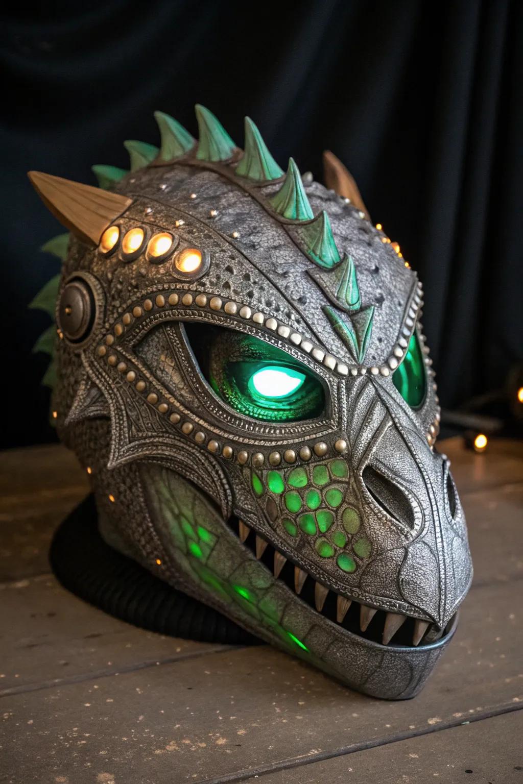 Unleash your imagination with this dino-alien hybrid mask, where craftsmanship meets the cosmos.