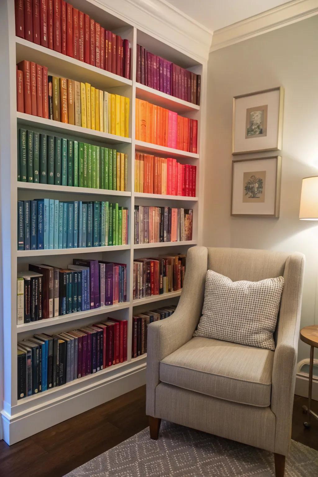 A colorful, organized bookshelf that doubles as decor.