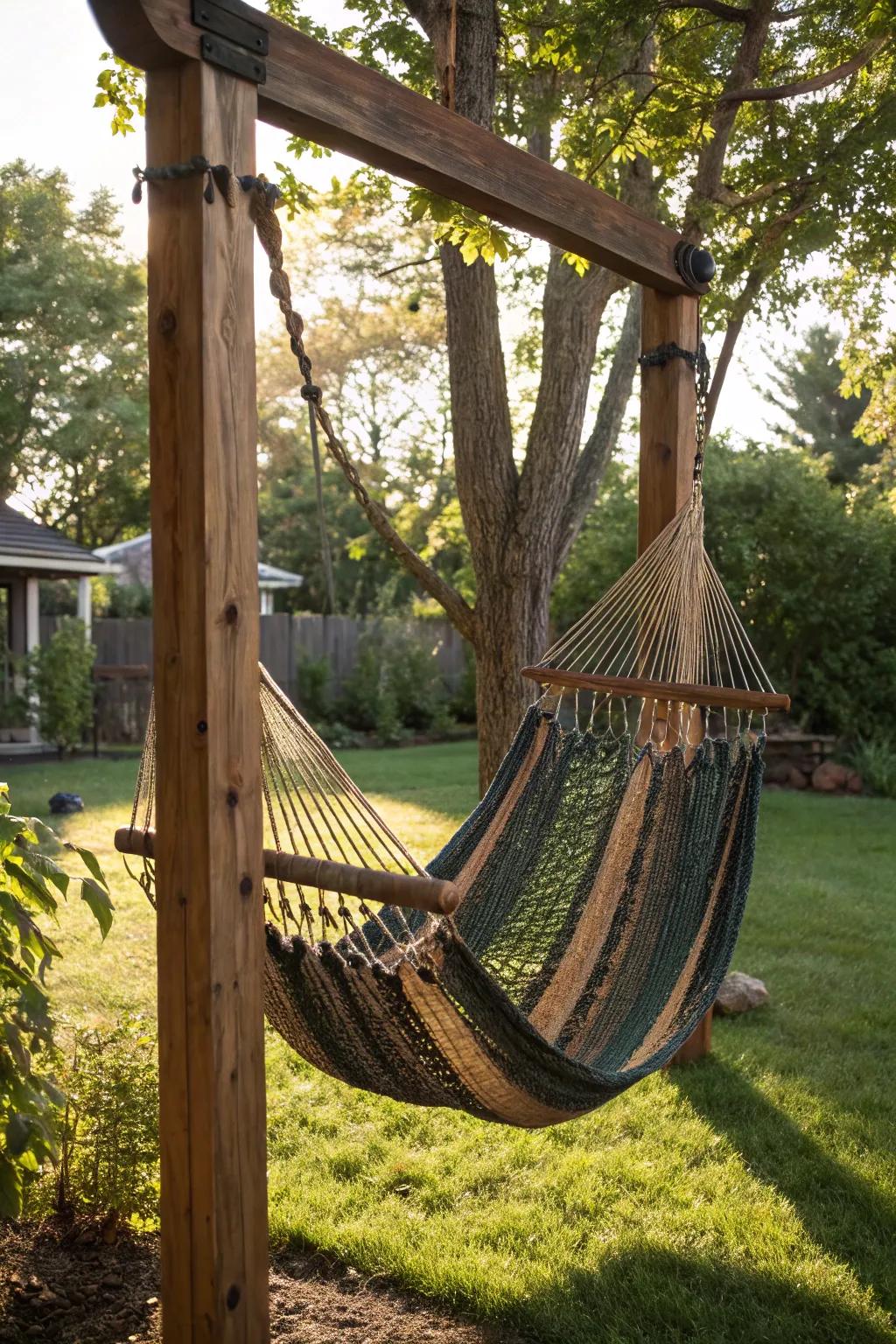 Unwind in elegance: A handcrafted hammock swing for your backyard oasis.