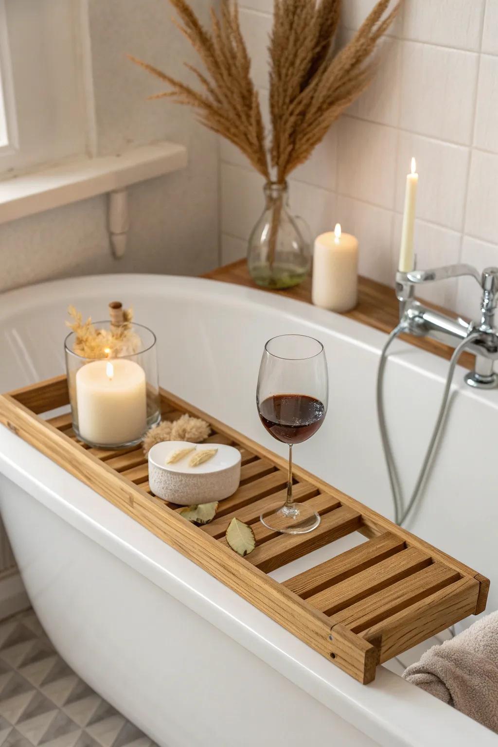 Transform your bath time into a luxurious retreat with a chic, handcrafted bath tray. 🍷🕯️ #ScandiBoho #BathLuxury