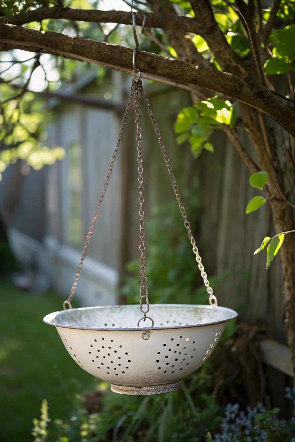 Transform an old colander into a chic garden feeder with a Scandinavian touch.