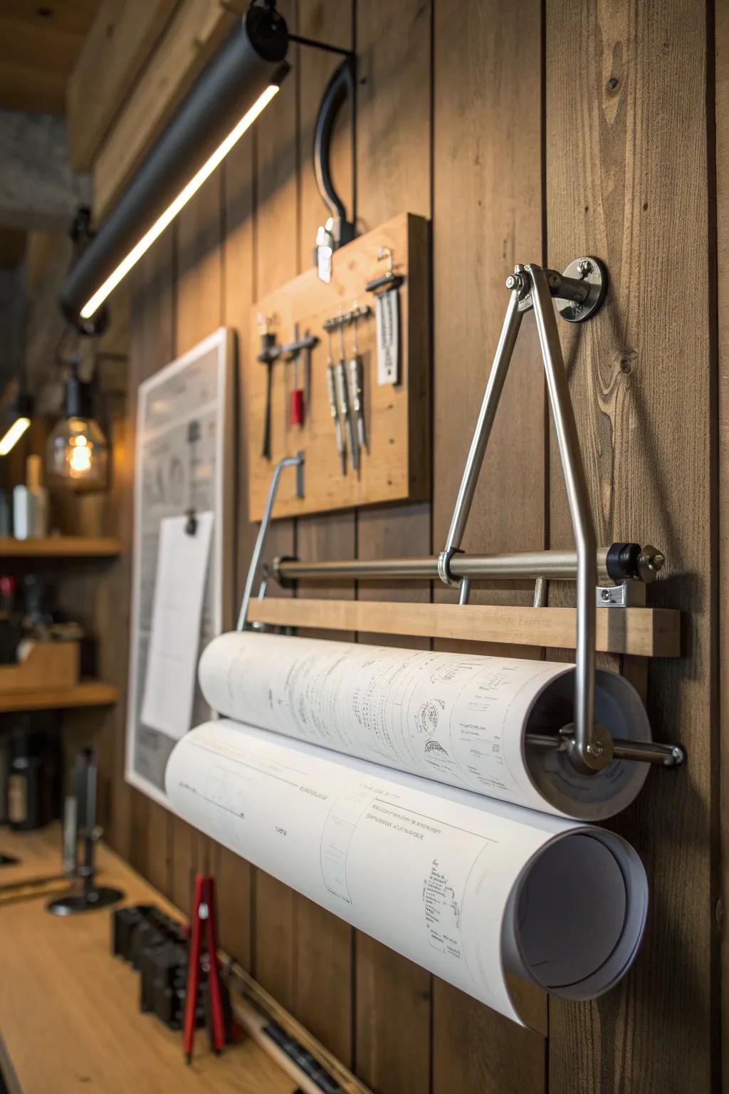 Elevate your workspace with stylish hanging clamps for effortless blueprint storage.