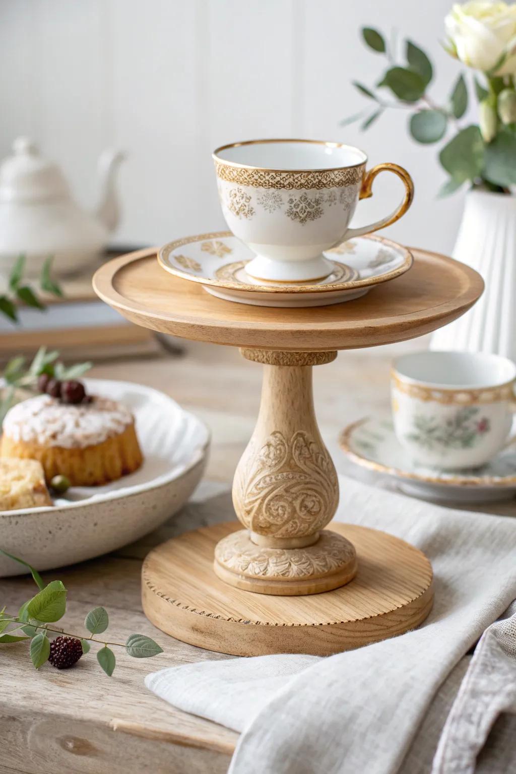 Chic and charming: Transform a vintage coffee cup into a stunning cake stand centerpiece.