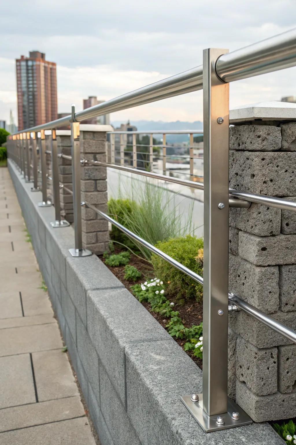Industrial Elegance: A striking blend of cinder block and metal rails defines this urban chic fence.