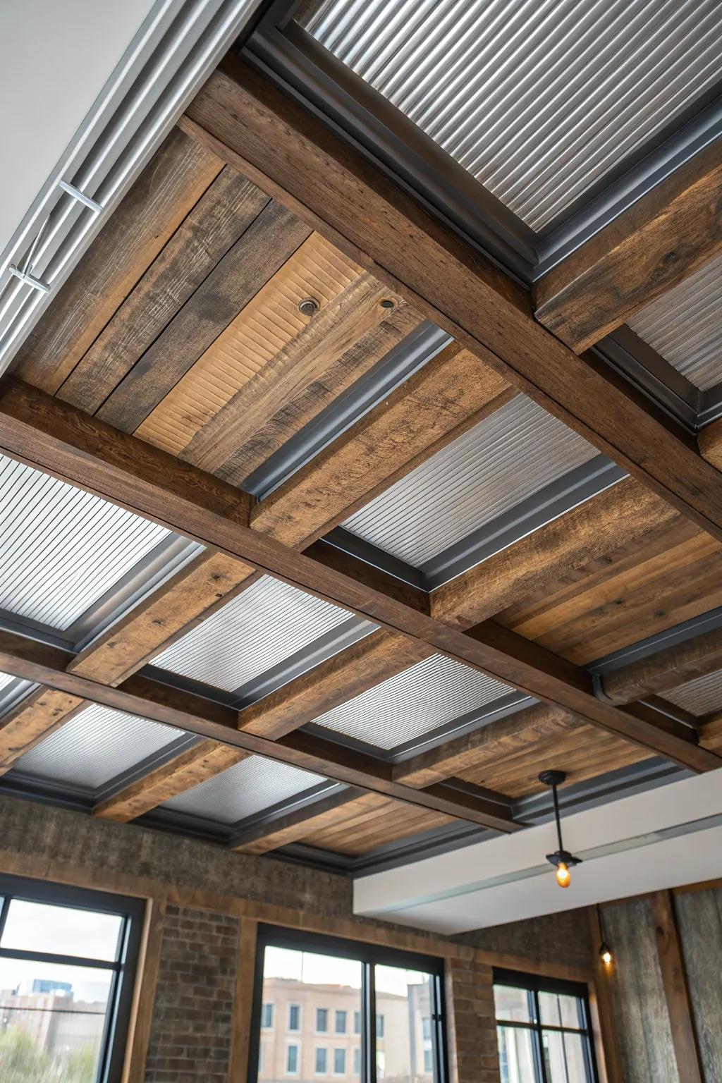 Elevate your space with a stunning mix of wood and metal in this industrial chic coffered ceiling.
