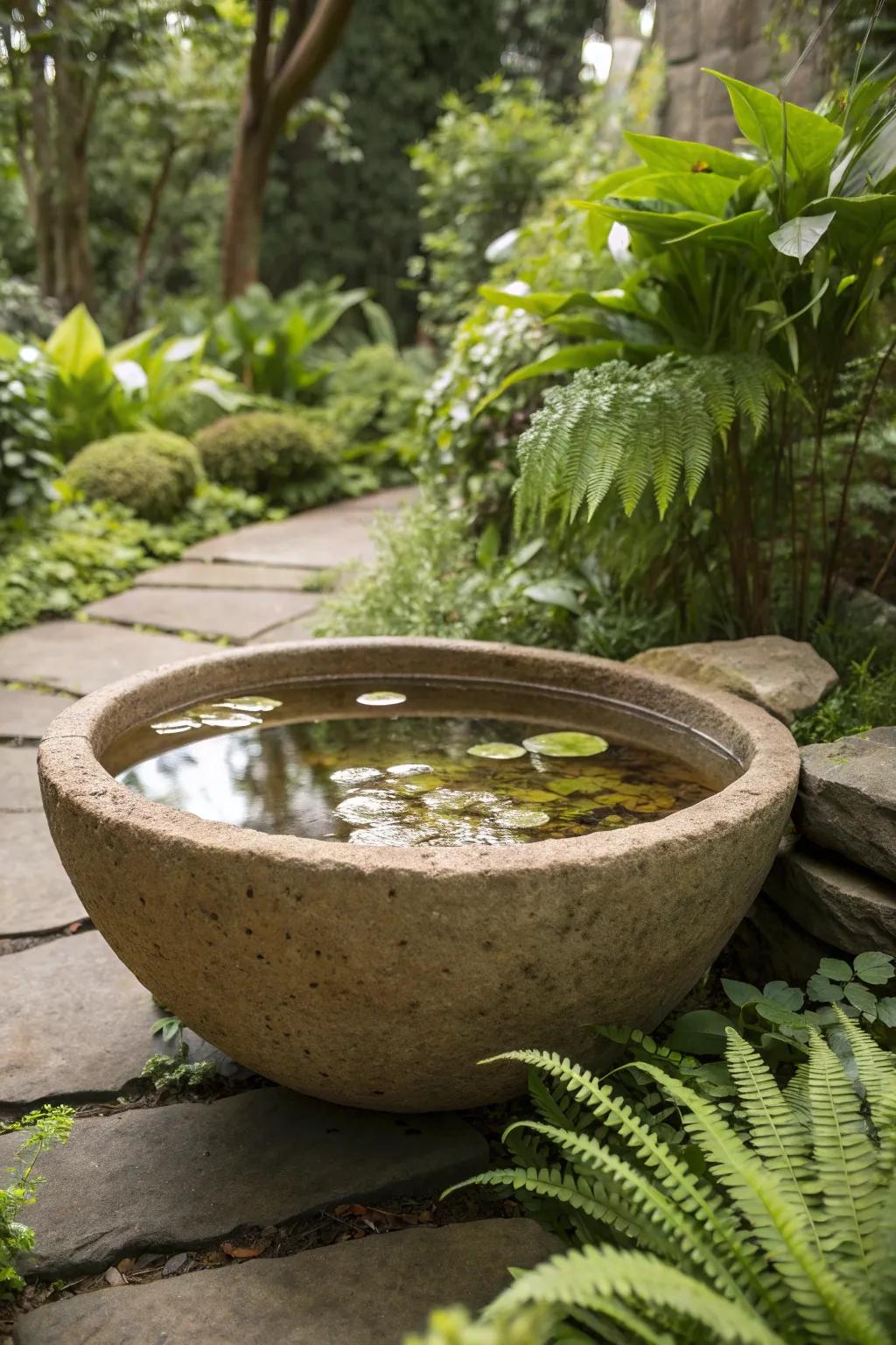 Embrace the tranquility of nature with this stunning stone bowl pond, where simplicity meets organic elegance.