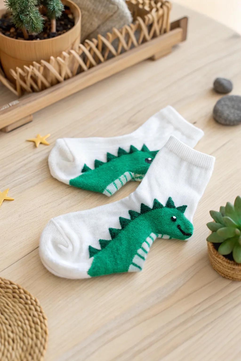 Step into prehistoric playtime with these charming DIY dino socks!