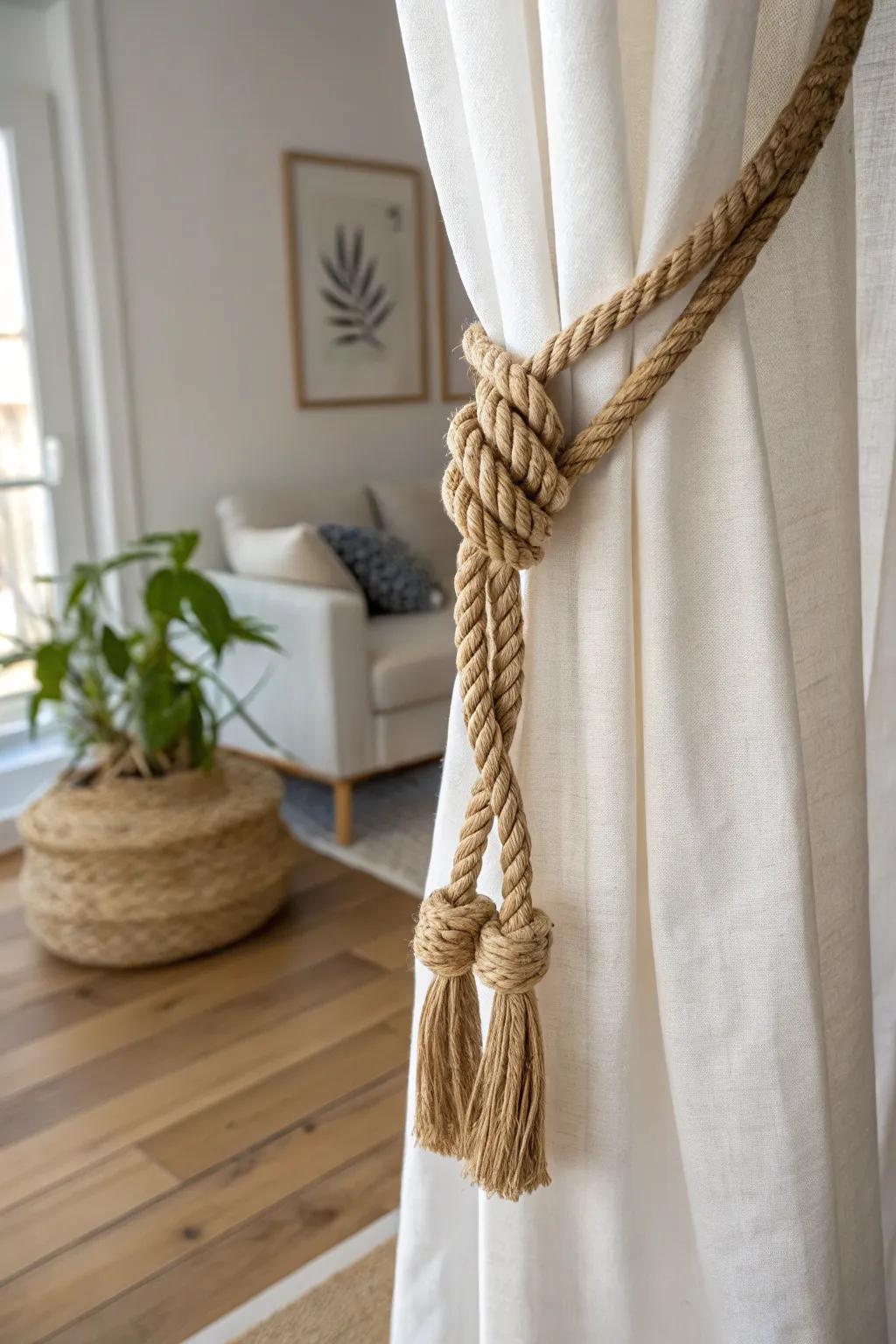 Add rustic charm to your space with a handcrafted jute rope curtain tie-back.
