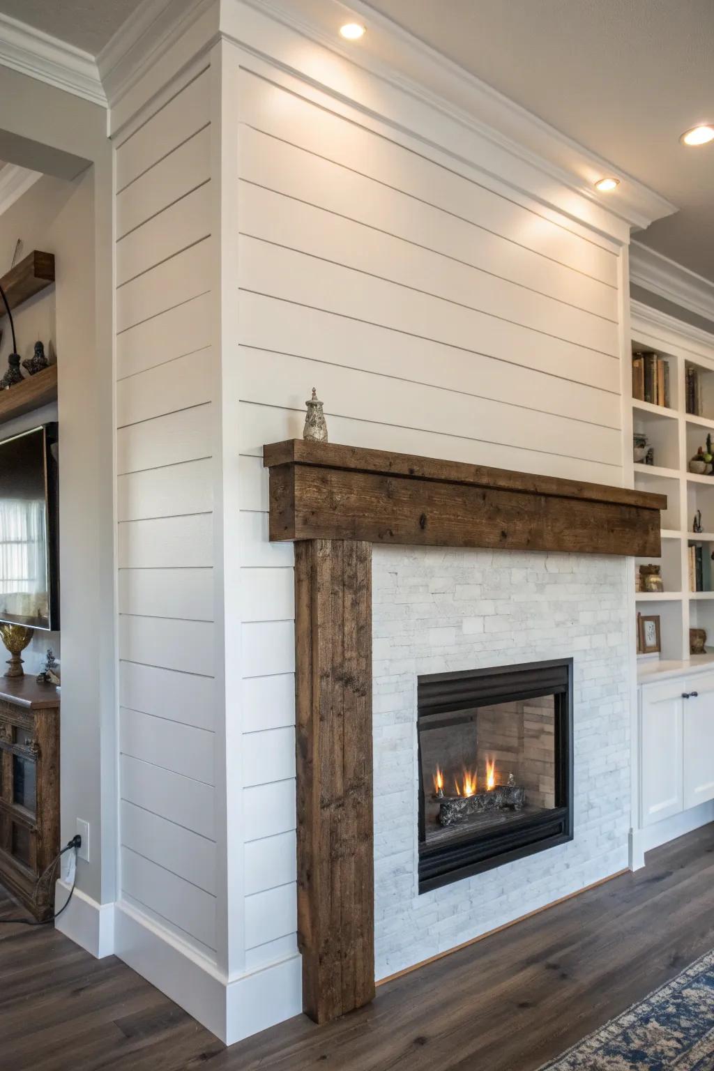 Transform your living space with a stunning shiplap fireplace wall; where craftsmanship meets cozy charm.
