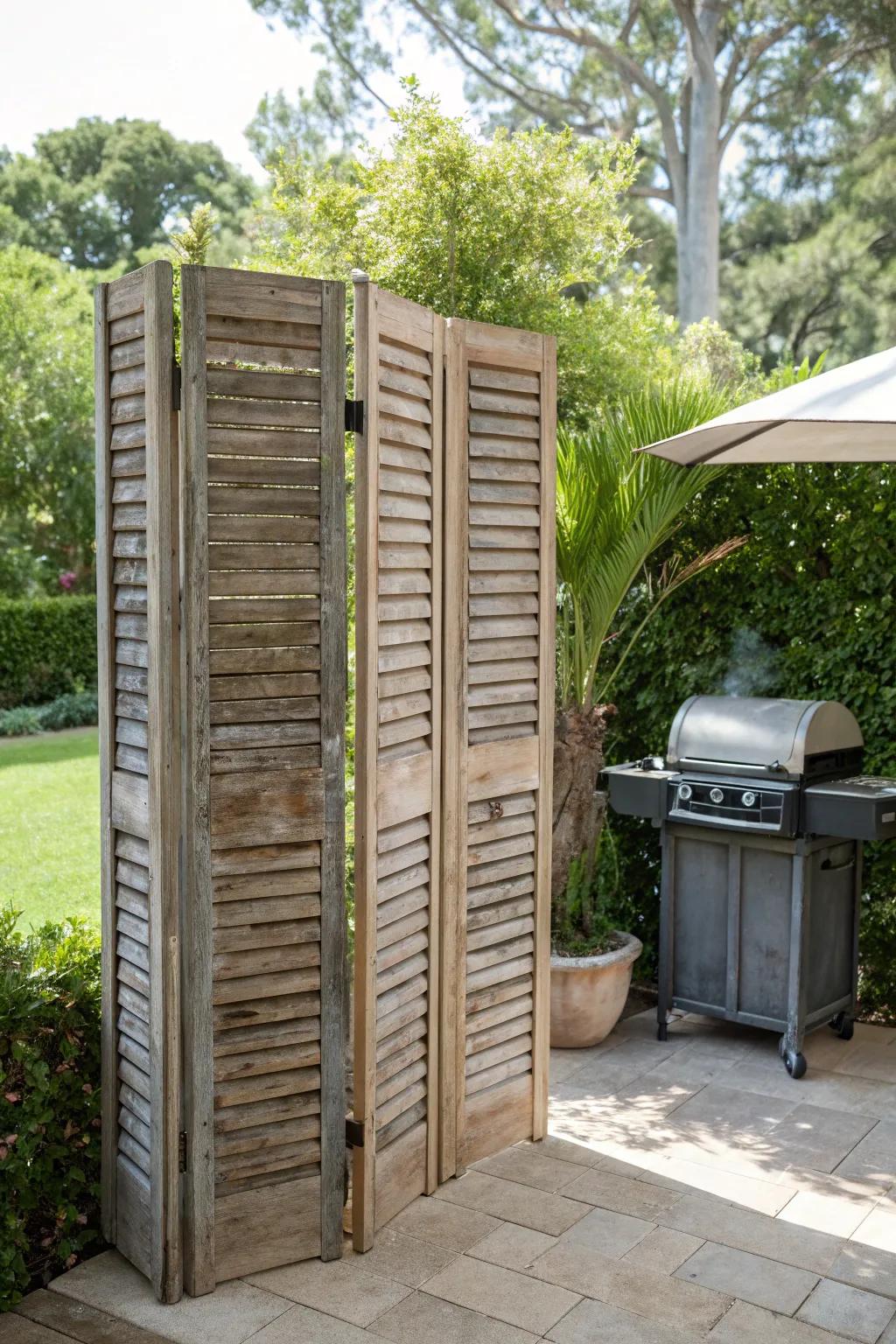 Elevate your outdoor space with these charming DIY shutter privacy screens—where rustic meets modern elegance.