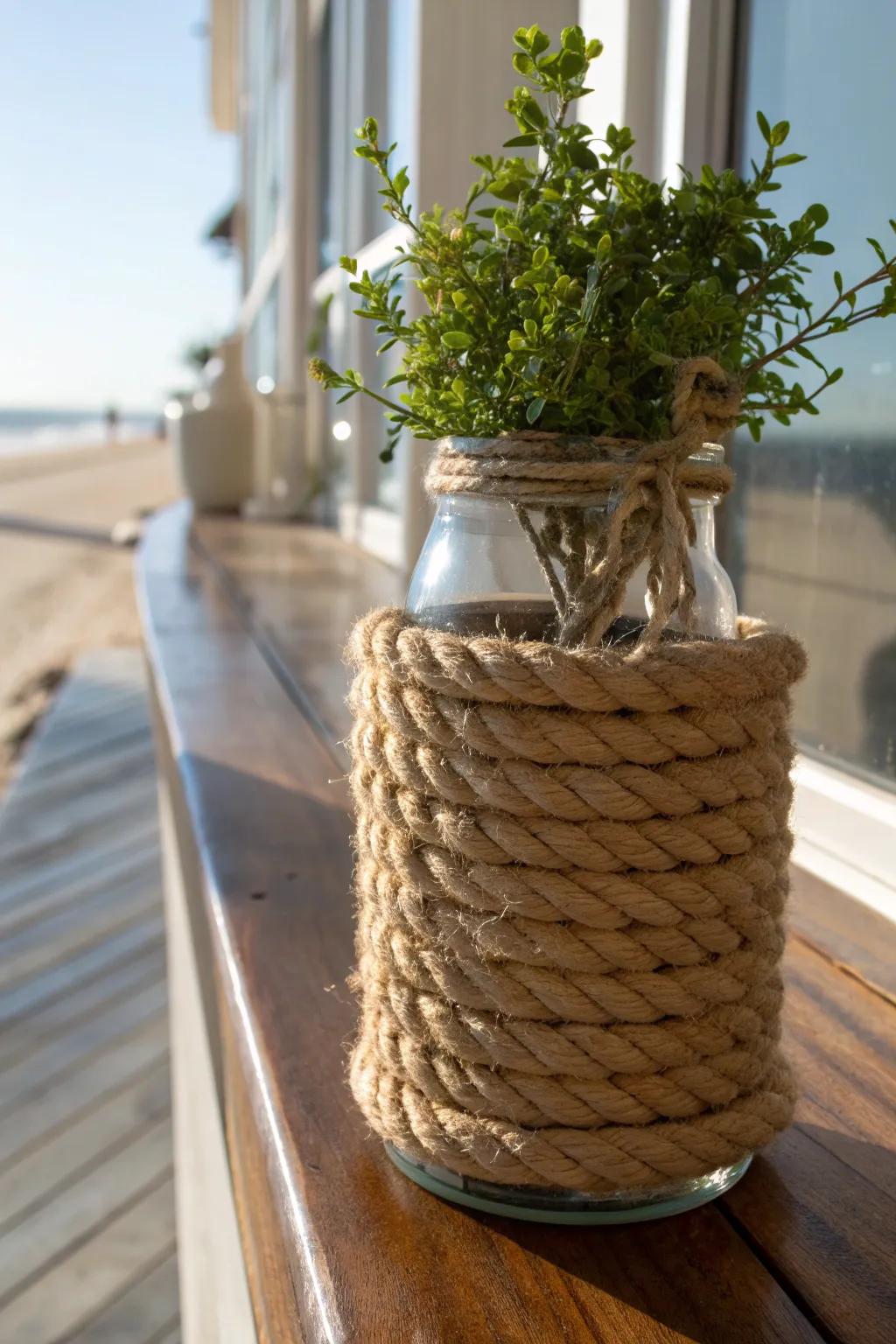 Transform your space with this nautical rope-wrapped jar, perfect for adding a touch of seaside elegance to any room.