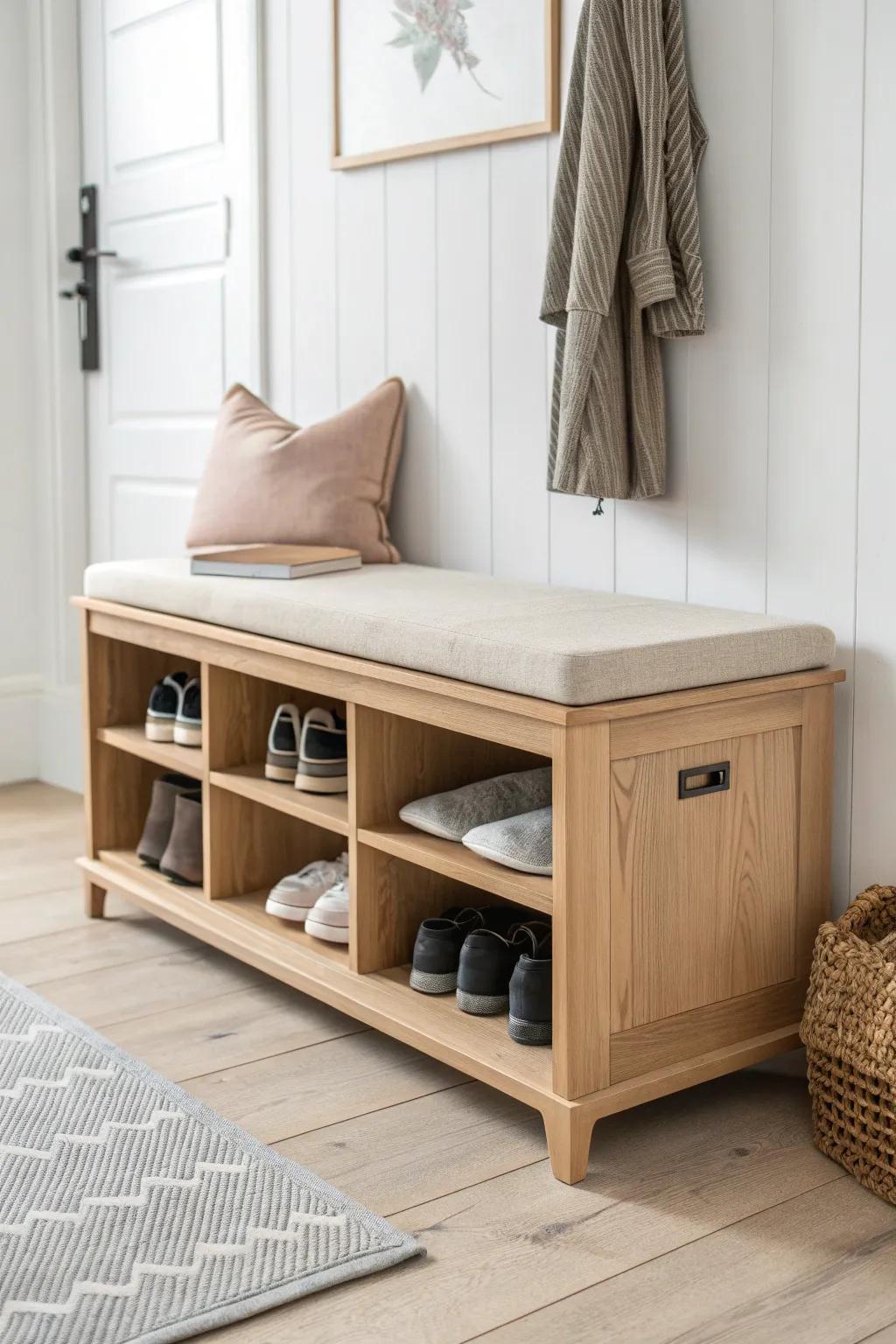 Transform your entryway with this stylish bench that marries seating and storage in perfect harmony.