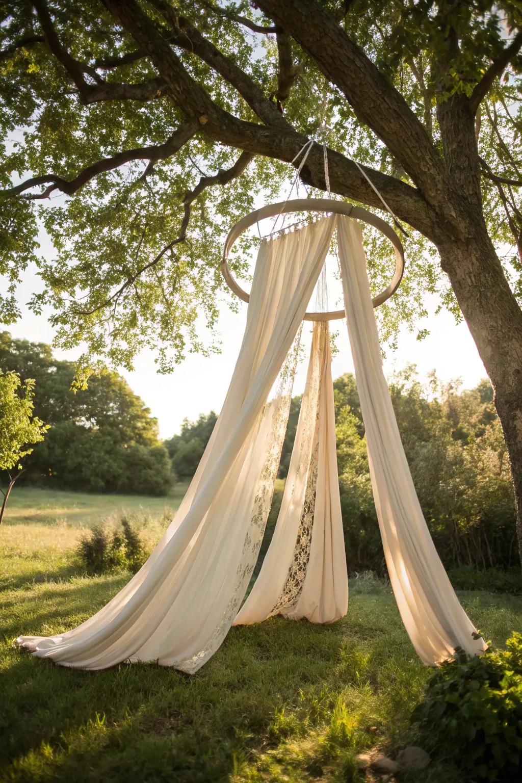 Daydream under the canopy: A chic DIY hula hoop tent perfect for your outdoor oasis.