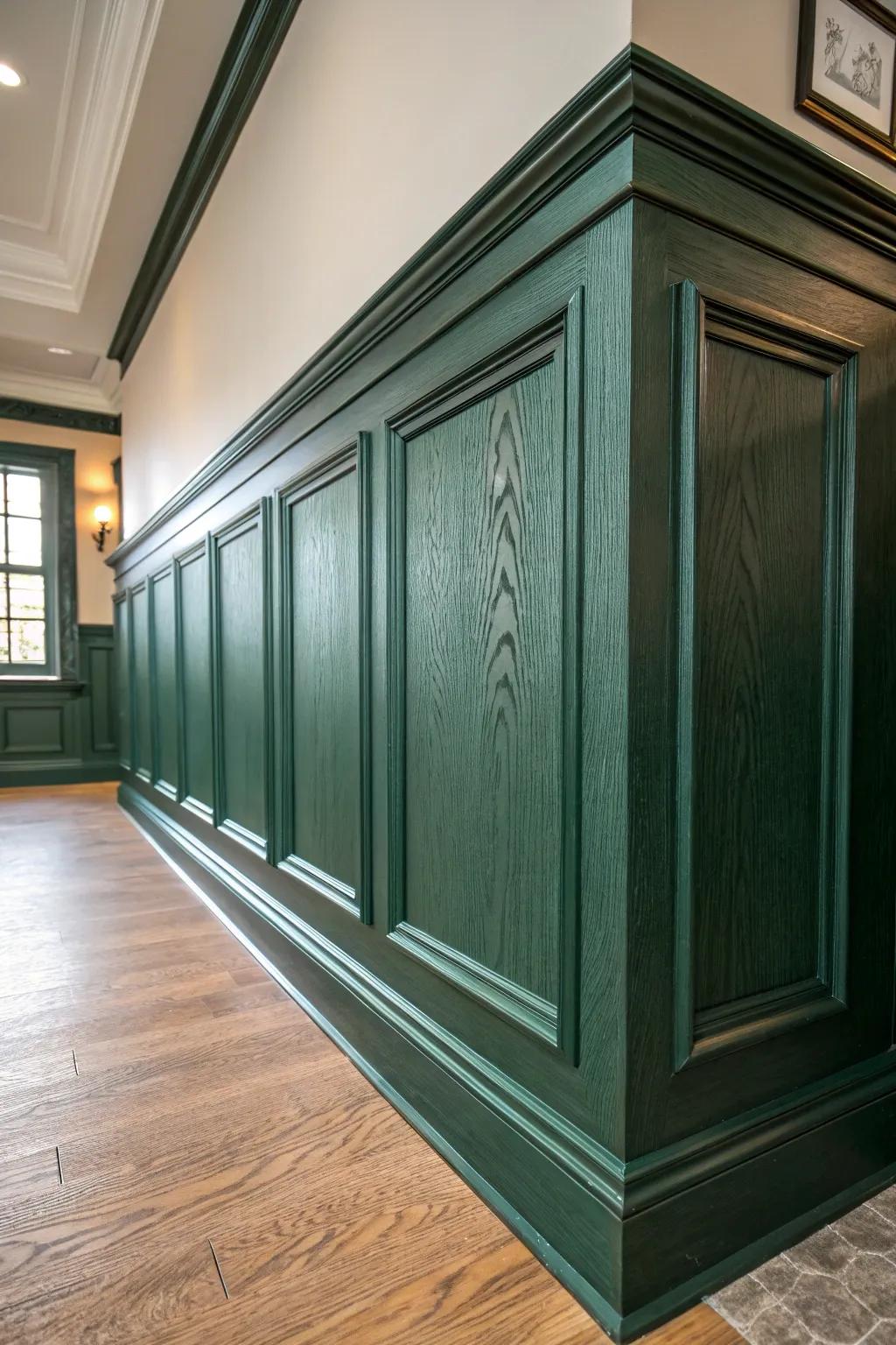 Elevate your space with DIY wainscoting: A touch of deep green elegance for your cozy corner.