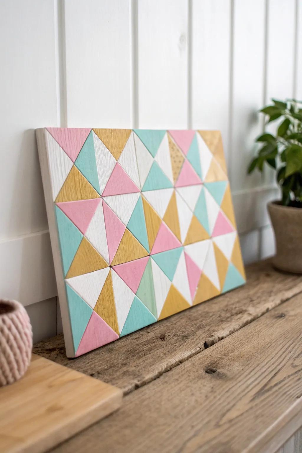 Transform your space with this chic DIY geometric wood sign, blending Scandinavian minimalism with a pop of boho color.