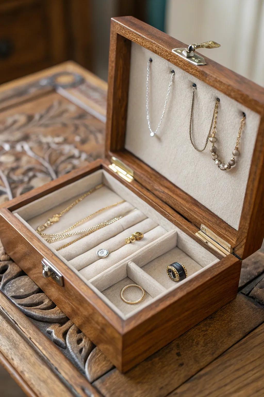 Transform your old wooden box into a stunning jewelry organizer—blend elegance with craftsmanship.