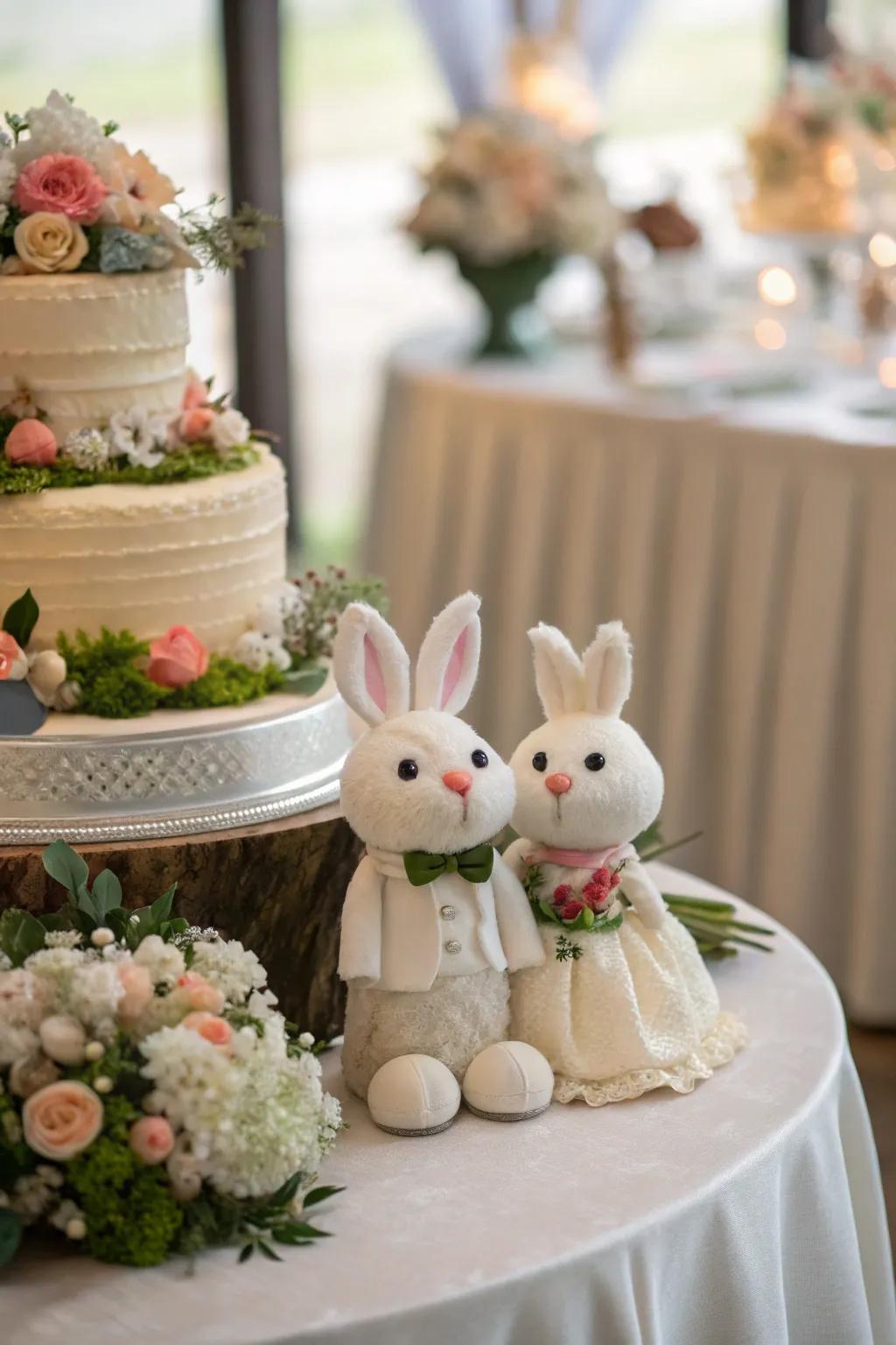 Whimsical wedding decor featuring bunny figurines and playful cake toppers.