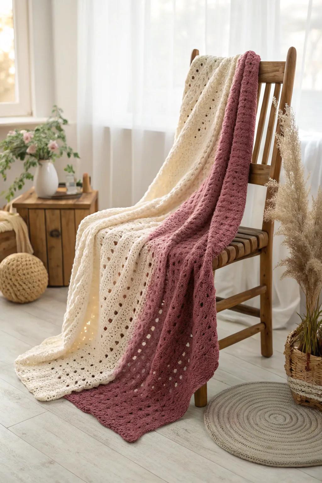 Embrace the art of simplicity with a stunning ombre crochet blanket that seamlessly blends craftsmanship and natural beauty.